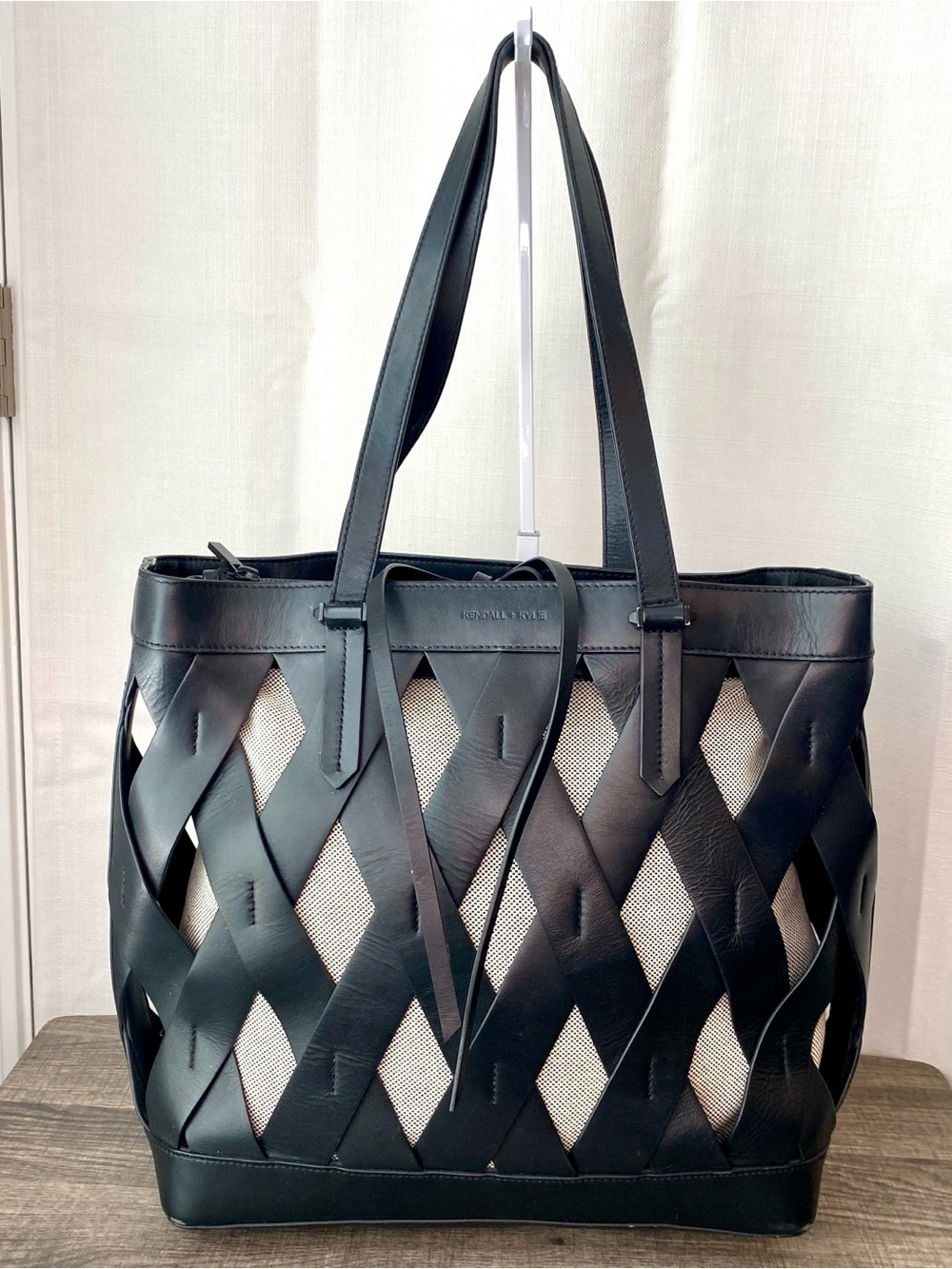 Kendall + Kylie Black Woven Leather Diamond Cutout Tote Shoulder Bag Large